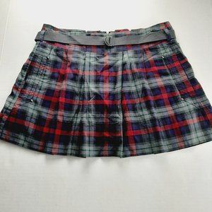 American Eagle Womens Mini Skirt Size 2 Pink Purple Gray Plaid Pleated Belted